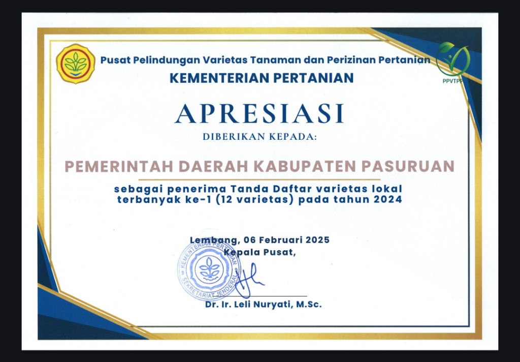 Kementerian Pertanian Umumkan Pemkab Pasuruan Penerima Tanda Daftar Varietas Lokal Terbanyak se-Indonesia
